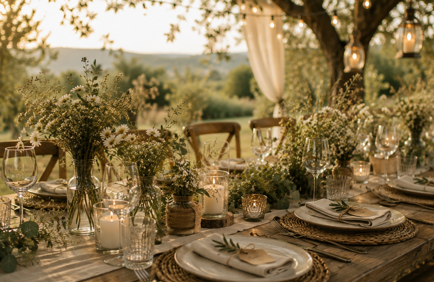 Table de mariage en plein air décorée de fleurs blanches, bougies et vaisselle élégante dans un cadre naturel en soirée.