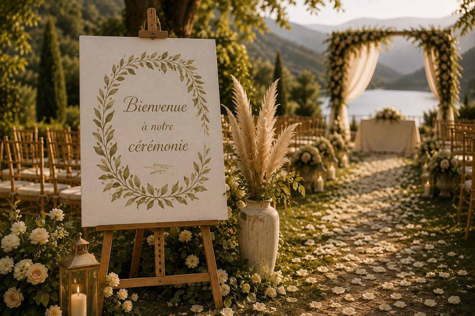 Espace extérieur de mariage avec panneau d'accueil, fleurs blanches, bougies et pergola, offrant une vue sur un lac et les montagnes dans une ambiance romantique.