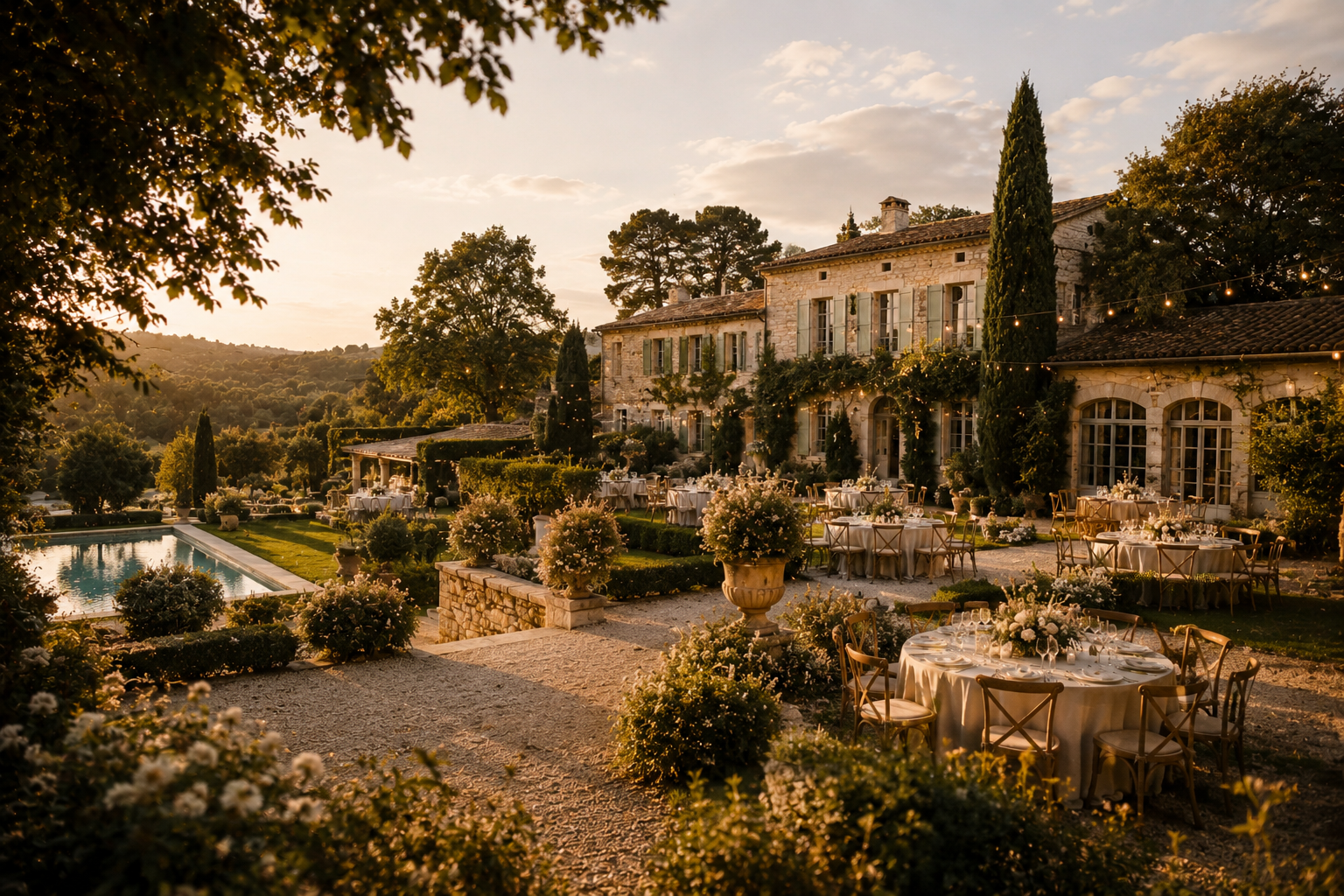 Dîner de mariage en plein air dans un jardin, avec tables élégamment décorées de fleurs blanches et de bougies, dans un cadre romantique au coucher du soleil.