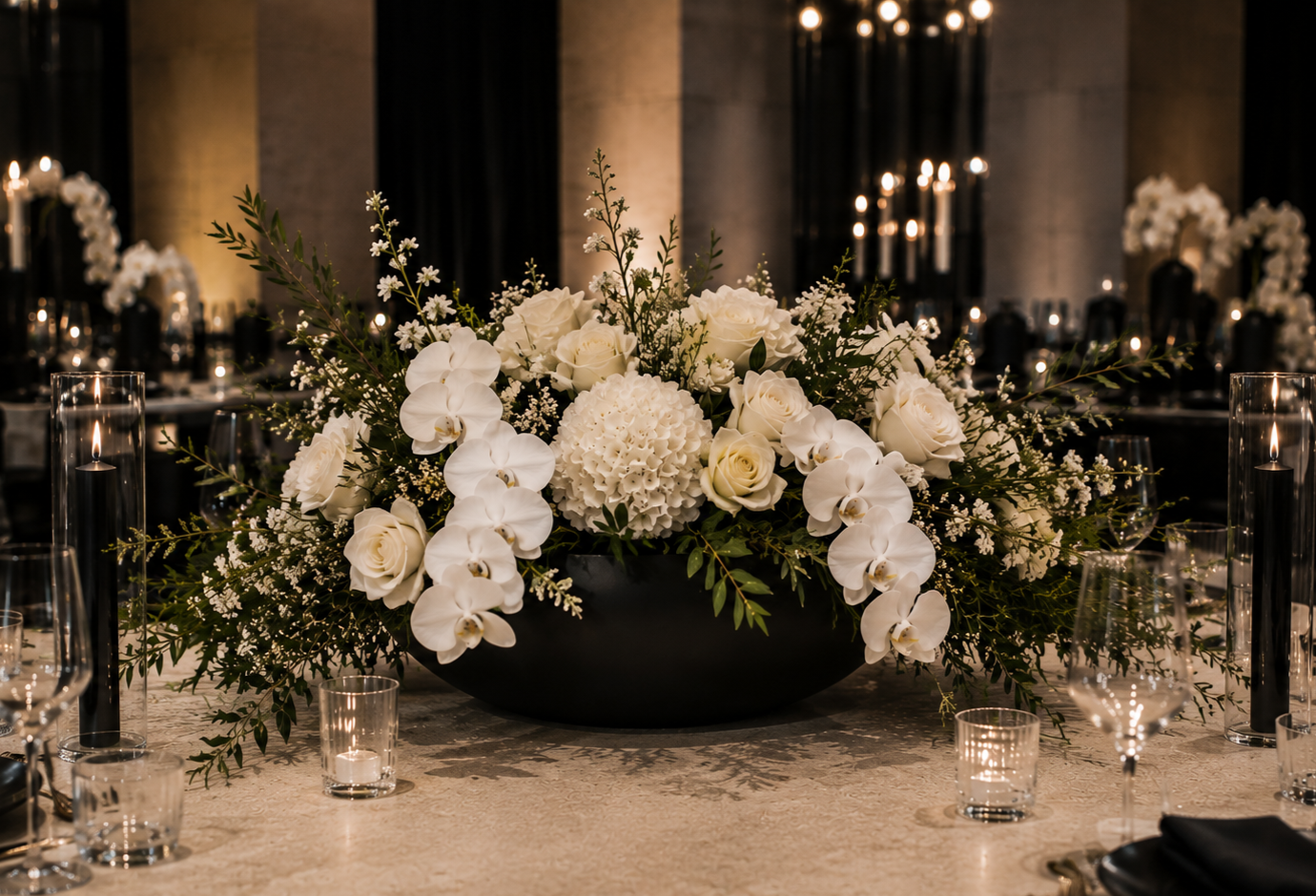 Un centre de table floral pour mariage avec roses blanches, orchidées, fleurs blanches et bougies dans des photophores en verre.