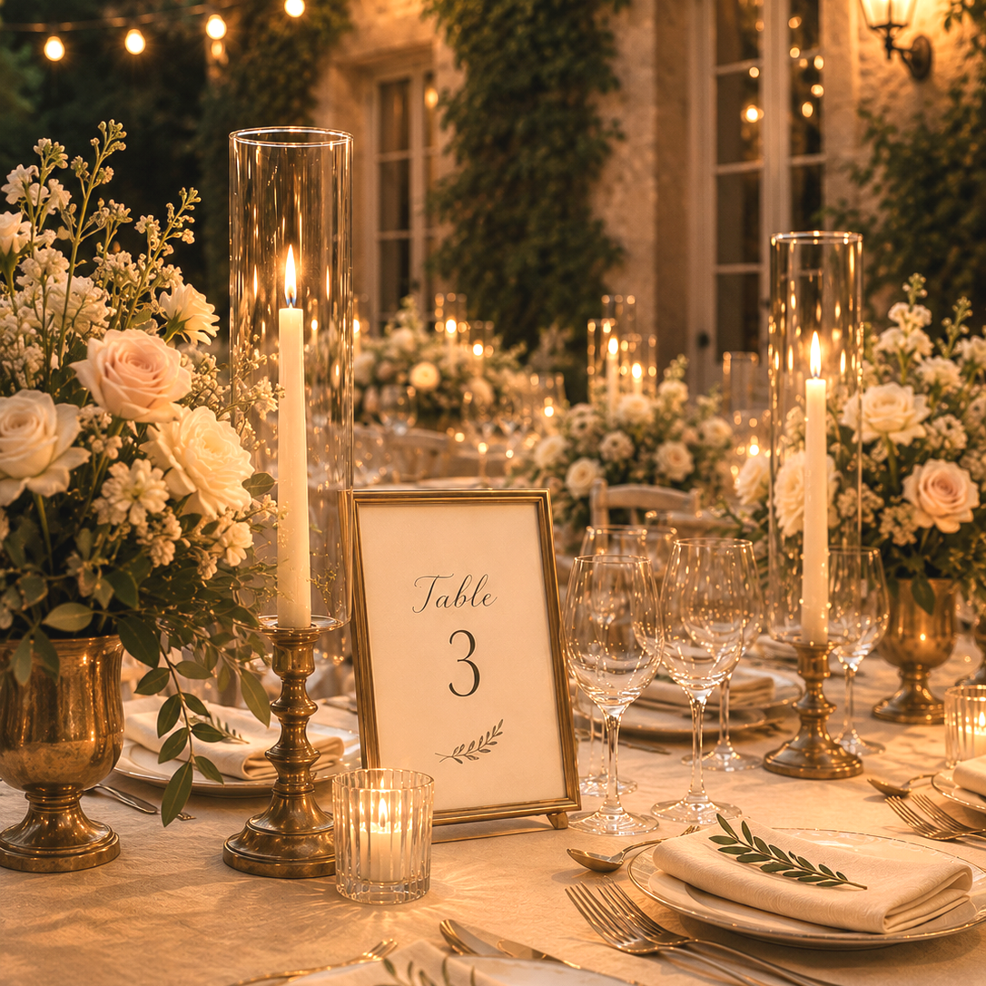 Table de mariage décorée pour un dîner en extérieur avec fleurs blanches, bougies, verres à vin et guirlandes lumineuses, dans un cadre élégant.