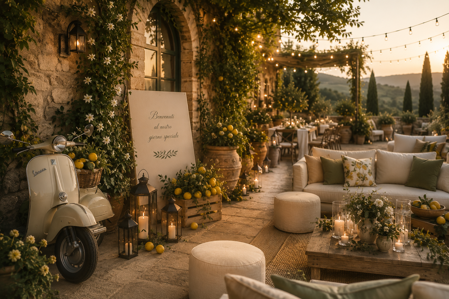 Décoration de mariage en extérieur avec fleurs, bougies, mobilier élégant et ambiance chaleureuse pour une réception en soirée.