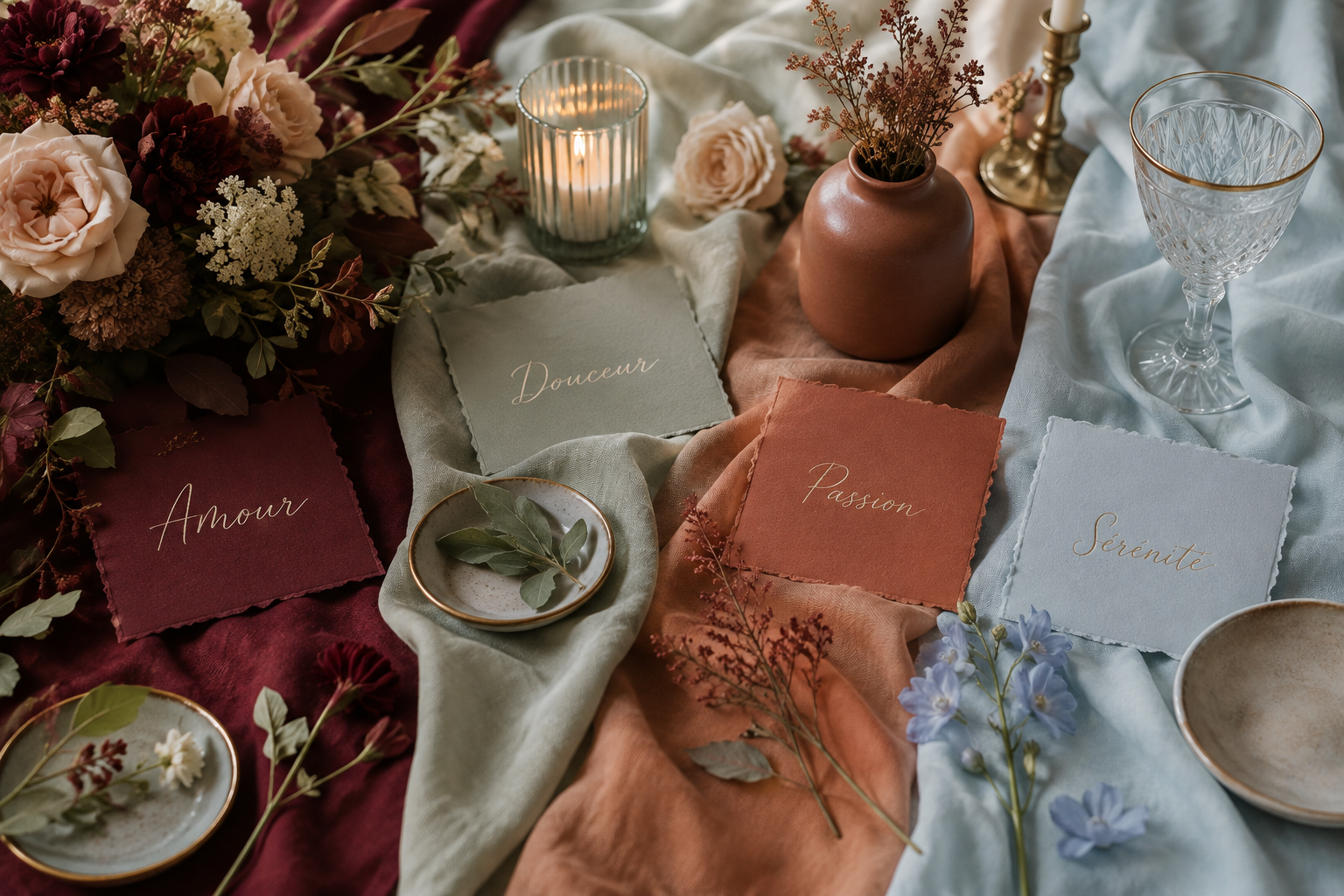décoration de mariage romantique avec cartes personnalisés, fleurs, bougies et vaisselle élégante autour des mots amour, douceur et passion.