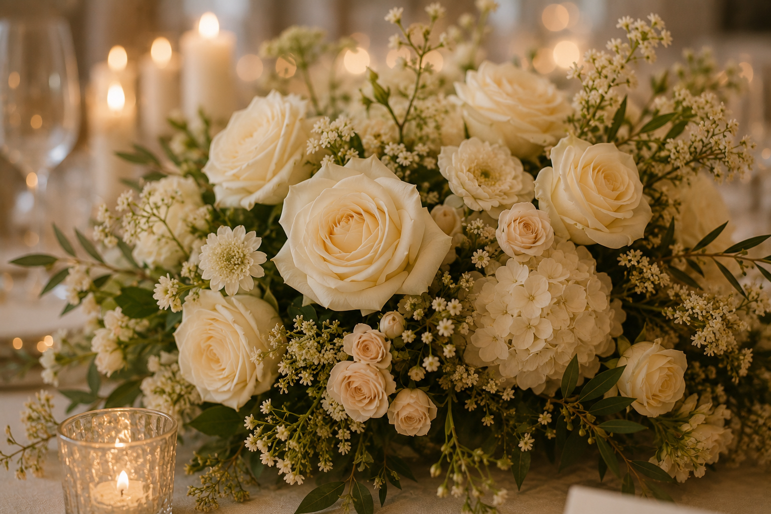 Composition florale de mariage avec roses blanches, hortensias et fleurs blanches, accompagnée de bougies.