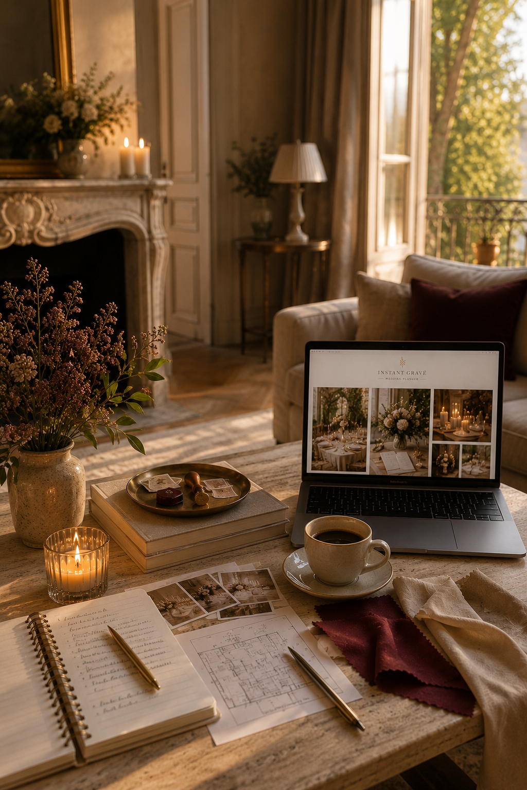 Organisation d’un mariage avec ordinateur portable, projets de décoration, notes, photos, bougie et accessoires sur une table de travail.