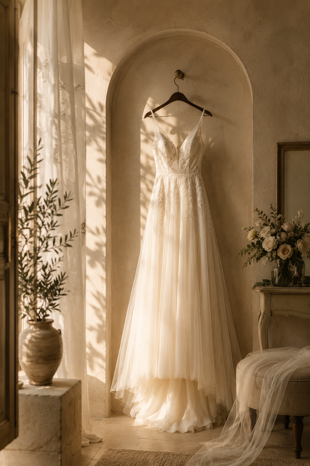 Robe de mariée en dentelle blanche suspendue dans une alcôve, accompagnée de fleurs blanches et d’un miroir dans une ambiance élégante.