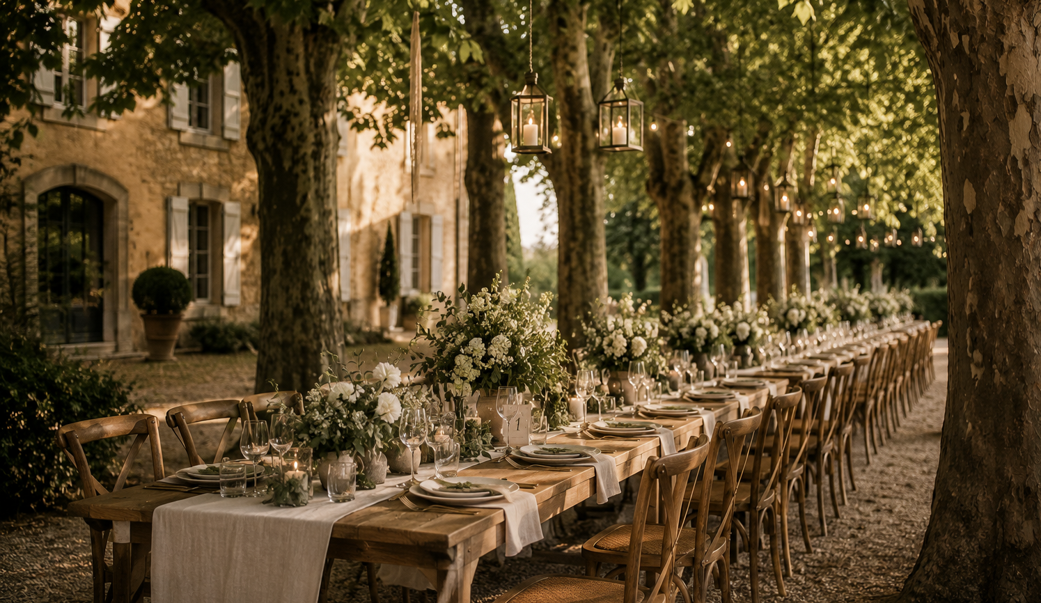 Table de mariage en plein air dans un cadre champêtre, décorée de fleurs blanches, bougies, vaisselle et lanternes suspendues.