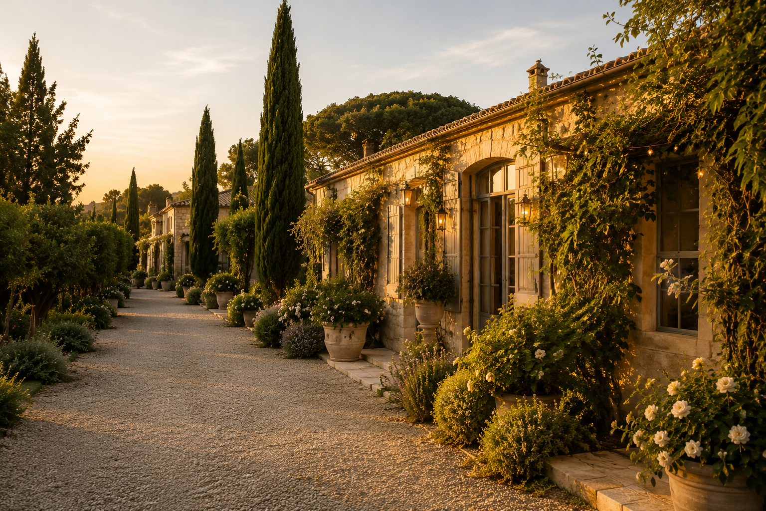 Cadre naturel pour un mariage avec maisons en pierre, végétation et arbres, dans une ambiance chaleureuse au coucher du soleil.