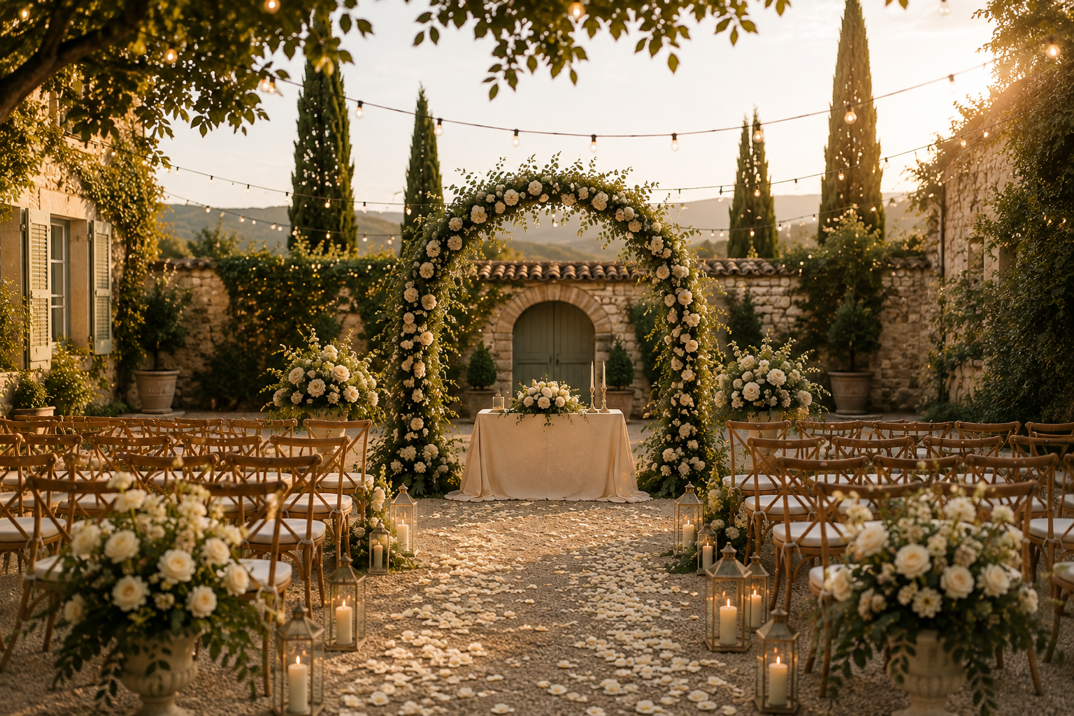 Décoration de mariage en plein air avec chemin pavé, chaises en bois, compositions florales blanches, éclairage suspendu et espace de cérémonie fleuri.