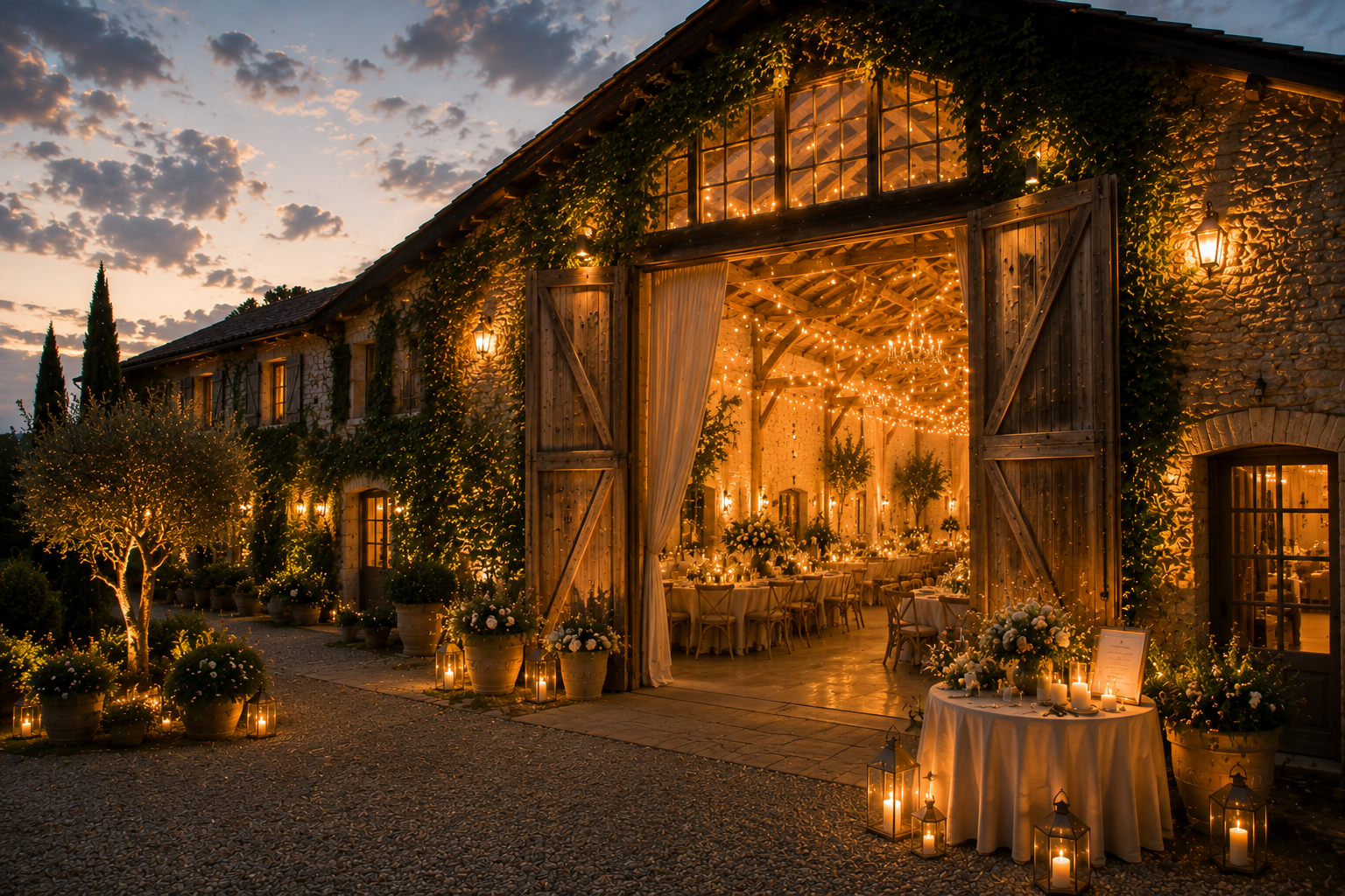 Ferme en pierre décorée pour une réception de mariage avec lumières chaleureuses, bougies et fleurs, dans une atmosphère conviviale au crépuscule.
