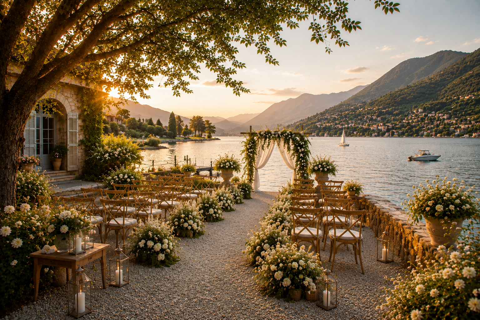 Lieu de réception de mariage au bord d'un lac, décoré de fleurs blanches, lanternes et chaises en bois, dans un cadre naturel au coucher du soleil.