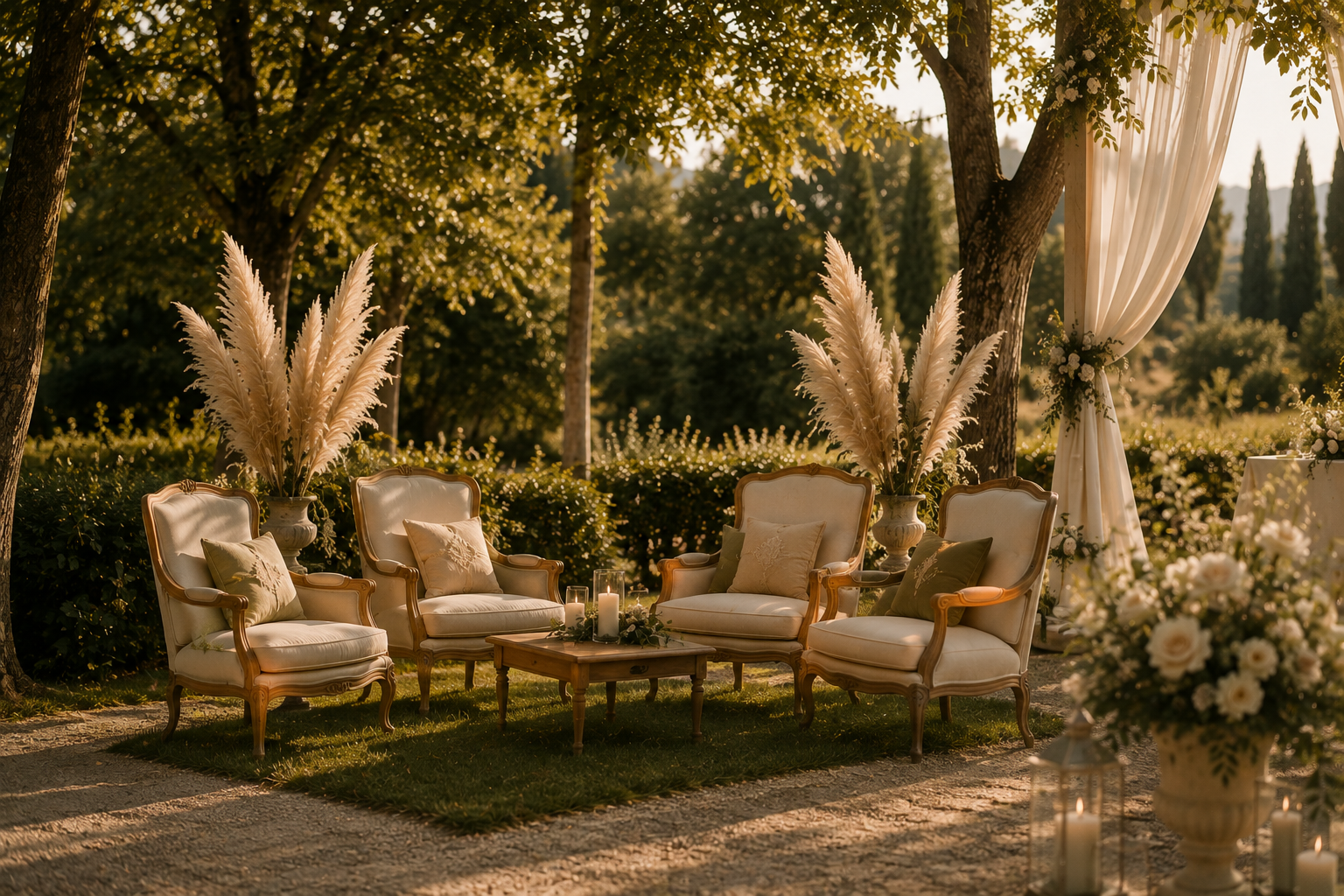 Espace lounge extérieur pour mariage avec fauteuils en bois et tissu blanc, fleurs blanches et décoration naturelle sous les arbres, dans une ambiance élégante et chaleureuse.