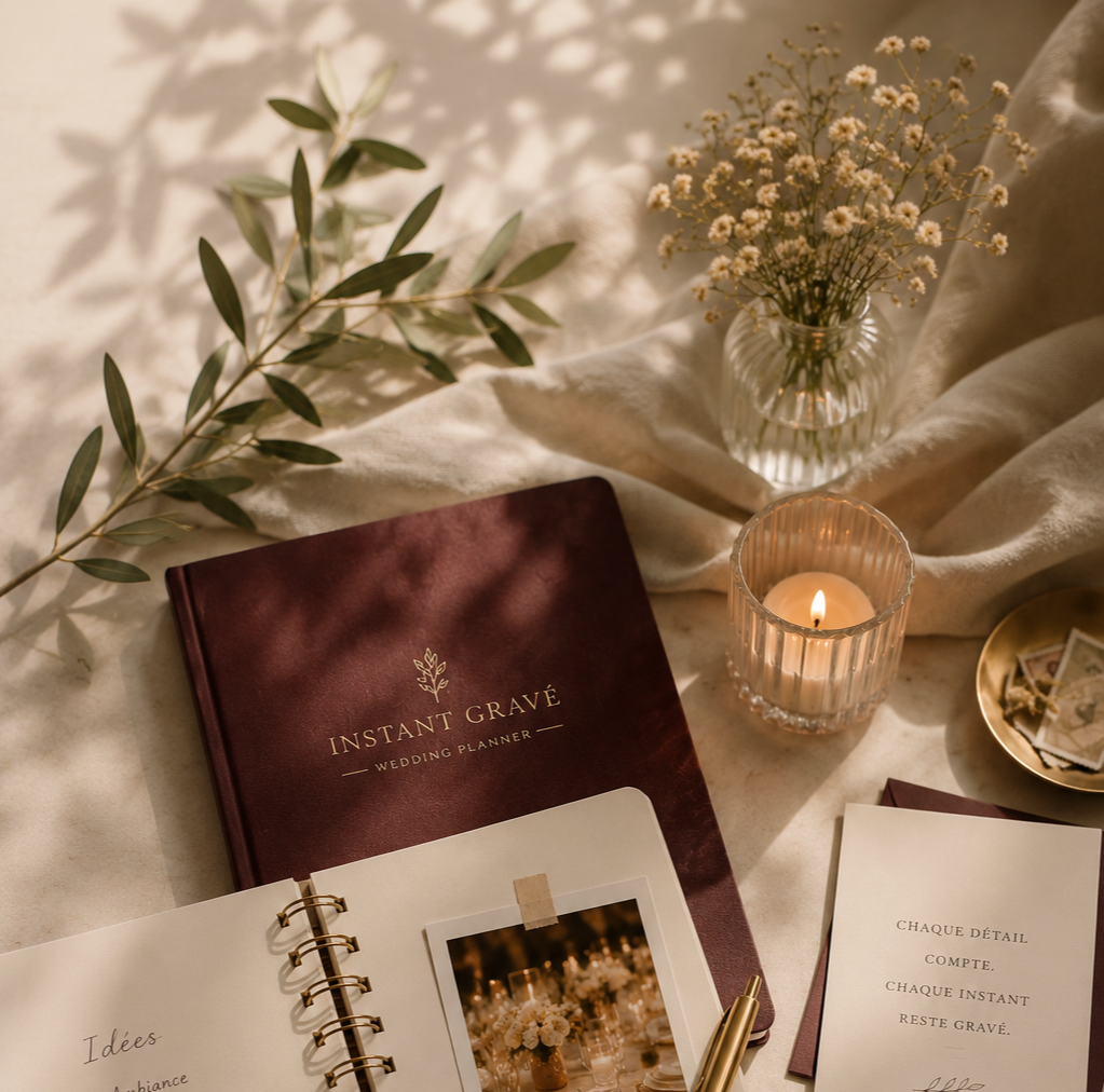 Préparation d’un mariage avec le carnet Instant Gravé, bougie, photos de décoration, petite assiette, vase fleuri et accessoires sur un tissu blanc.