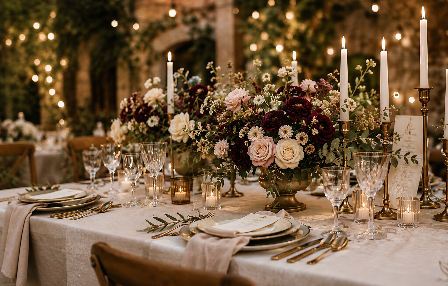 Table de mariage élégante avec une grande composition florale de roses dans des tons crème, blanc et bordeaux, entourée de bougies et de chandeliers en or, dans une ambiance chaleureuse et romantique.