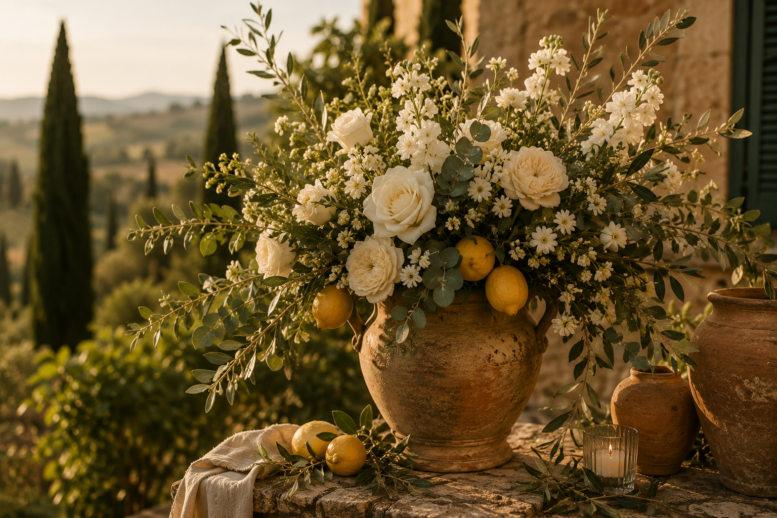 composition florale de mariage avec roses blanches, feuillage d'olivier et citrons dans un vase de terre cuite, dans un cadre champêtre