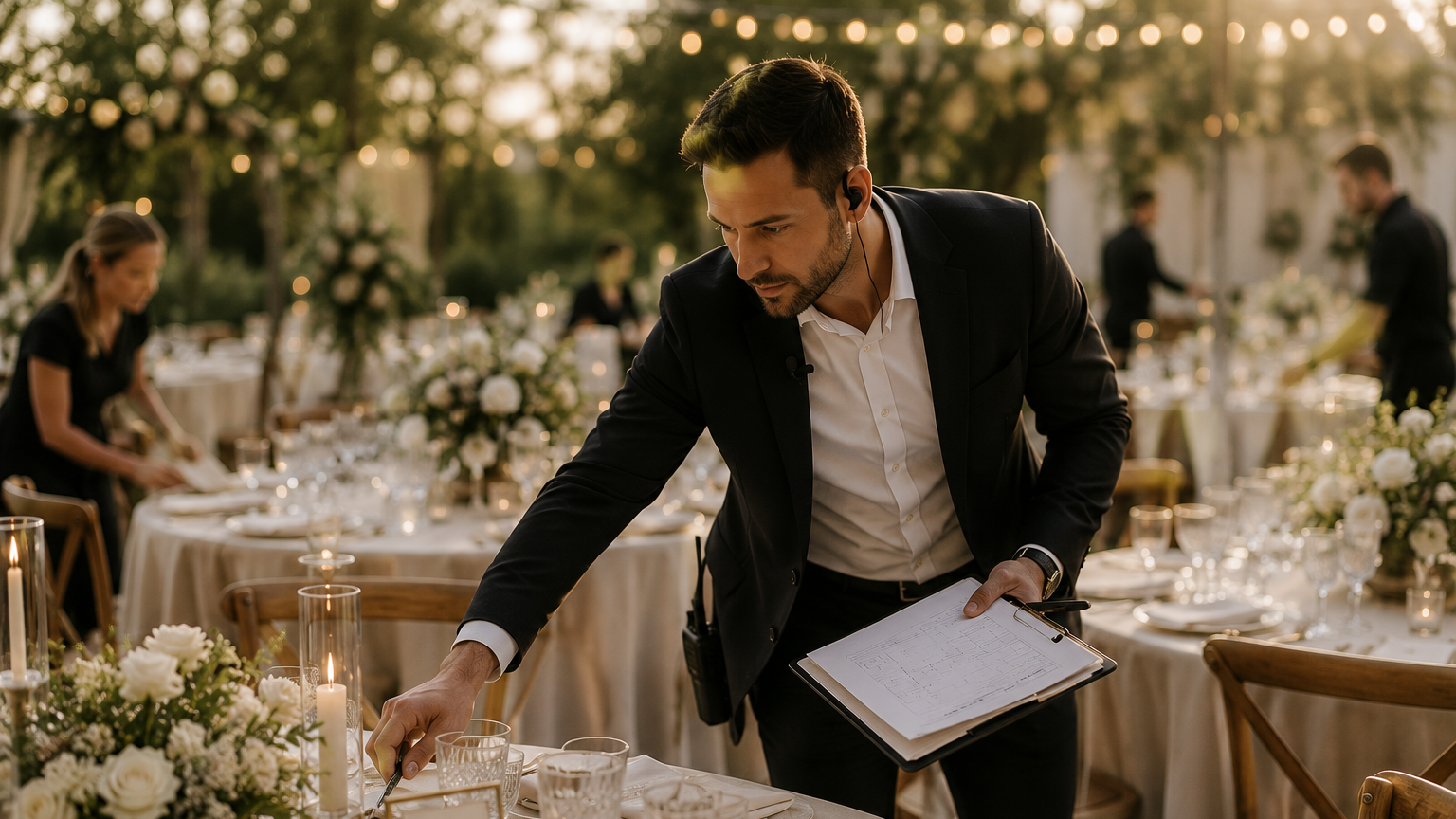 Un homme en costume noir et blanc, portant un écouteur, prépare une table pour un événement, entouré de tables décorées de fleurs et de bougies.