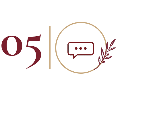 Logo avec le texte '05' en rouge, une icône de bulle de dialogue au centre, et une branche végétale à droite