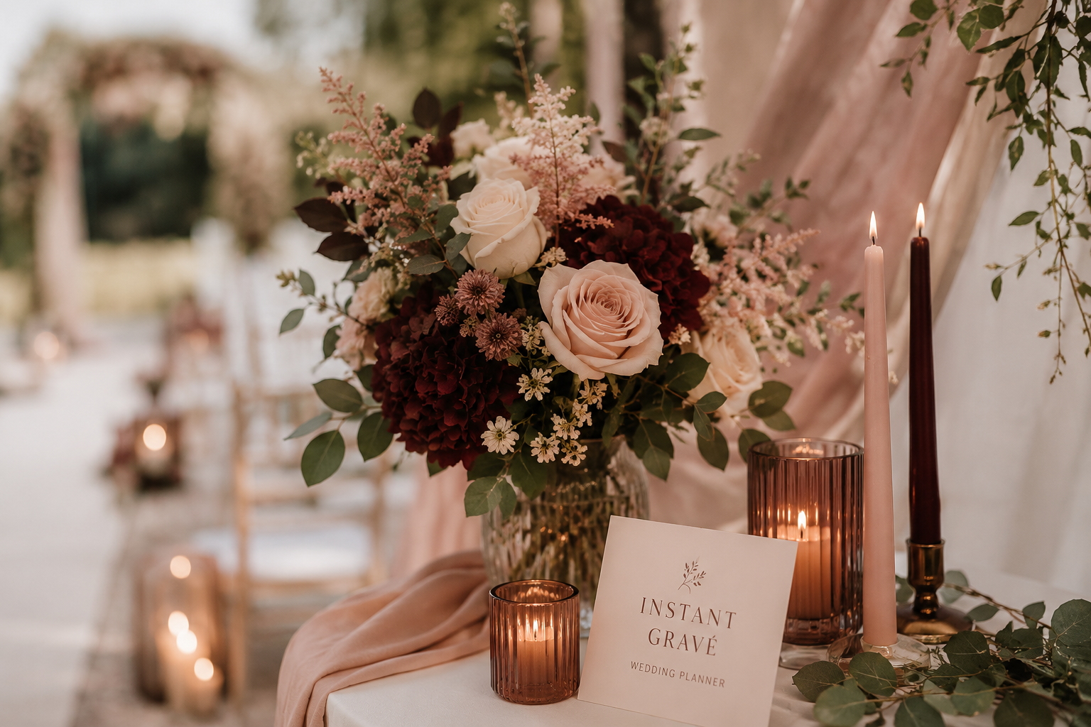 Une composition florale avec des roses pâles, des dahlias rouges, des petites fleurs blanches, et des feuilles vertes dans un vase en verre. Autour, des bougies roses et marron dans des supports en verre ou en métal, une carte de planification de mariage avec le texte 'INSTANT GRAVÉ' et 'WEDDING PLANNER'. Des draperies en tissu rose pale en arrière-plan.