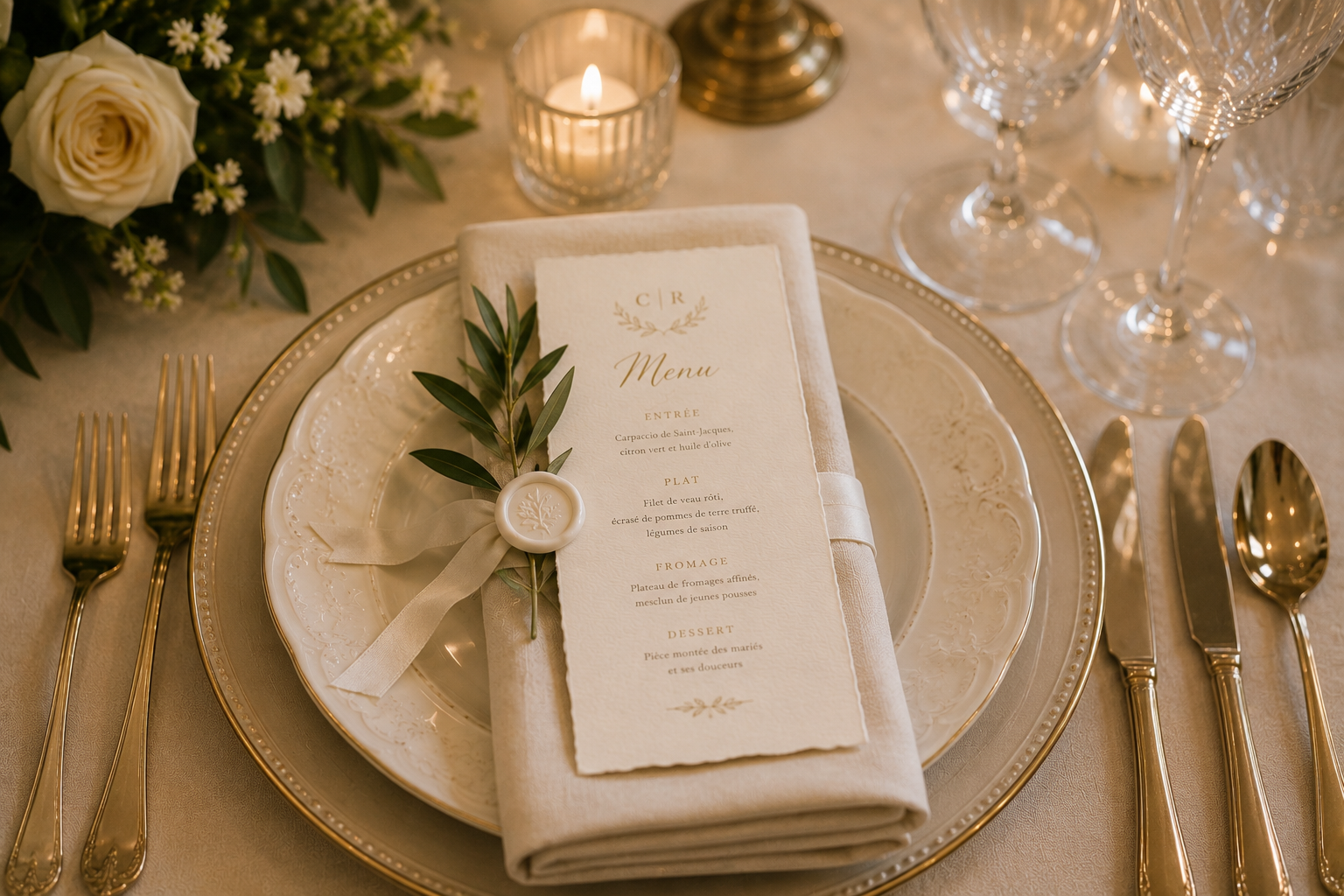 Table de mariage élégante avec vaisselle raffinée, couverts dorés, bougie, menu et décoration florale.