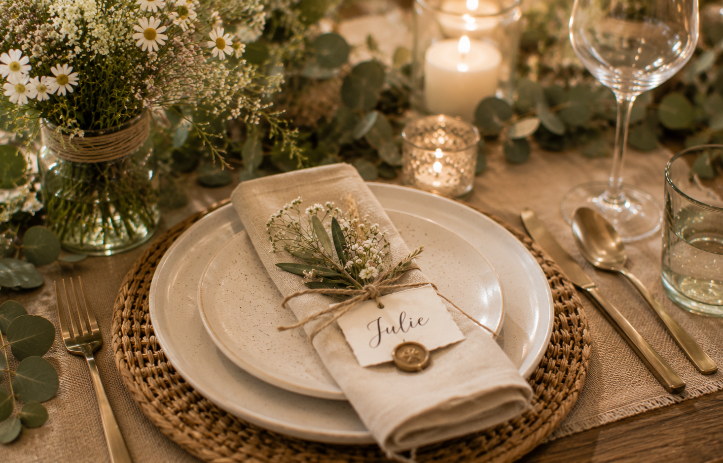 Table de mariage champêtre avec fleurs, bougies, vaisselle élégante et serviette personnalisée.