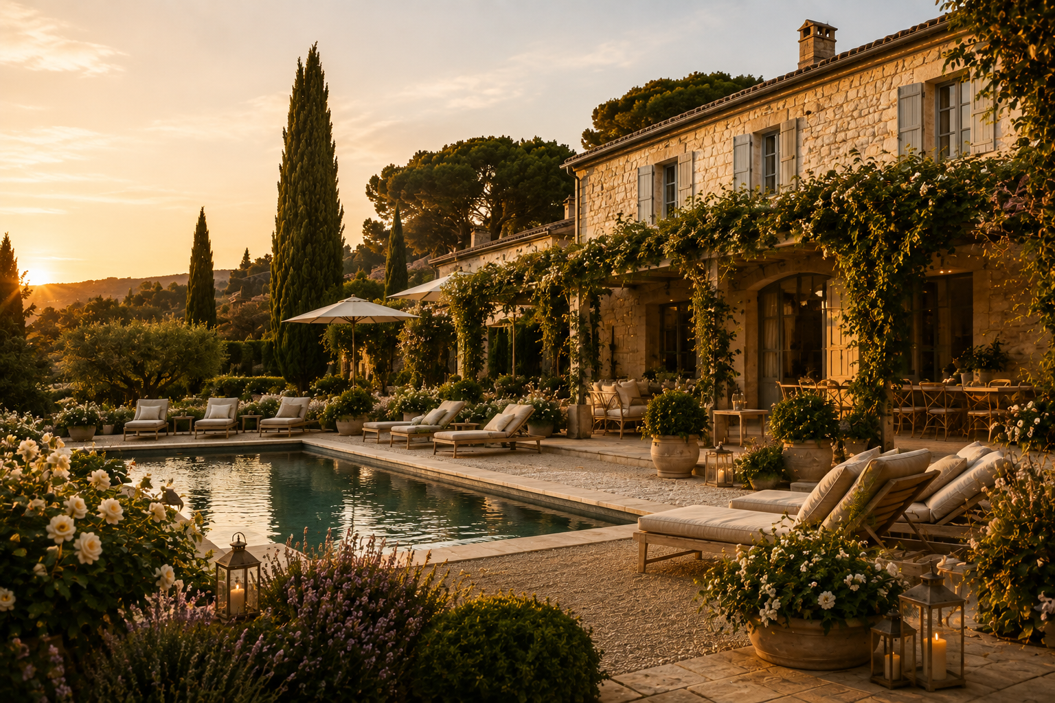 Lieu de réception de mariage avec maison en pierre, terrasse, piscine et espace extérieur aménagé, sublimé par des bougies et une végétation élégante en fin de journée.