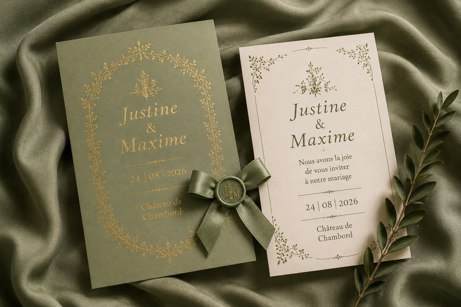 invitations de mariage élégantes présentées sur un tissu vert foncé avec feuillage naturel