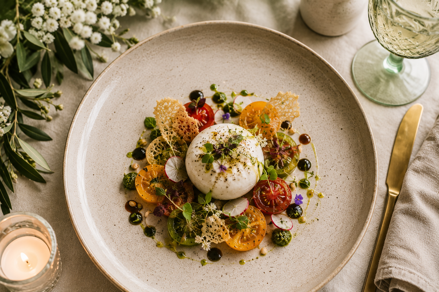 entrée raffinée d'un repas de mariage avec tomates multicolores, mozzarella, fleurs comestibles et présentation élégante.
