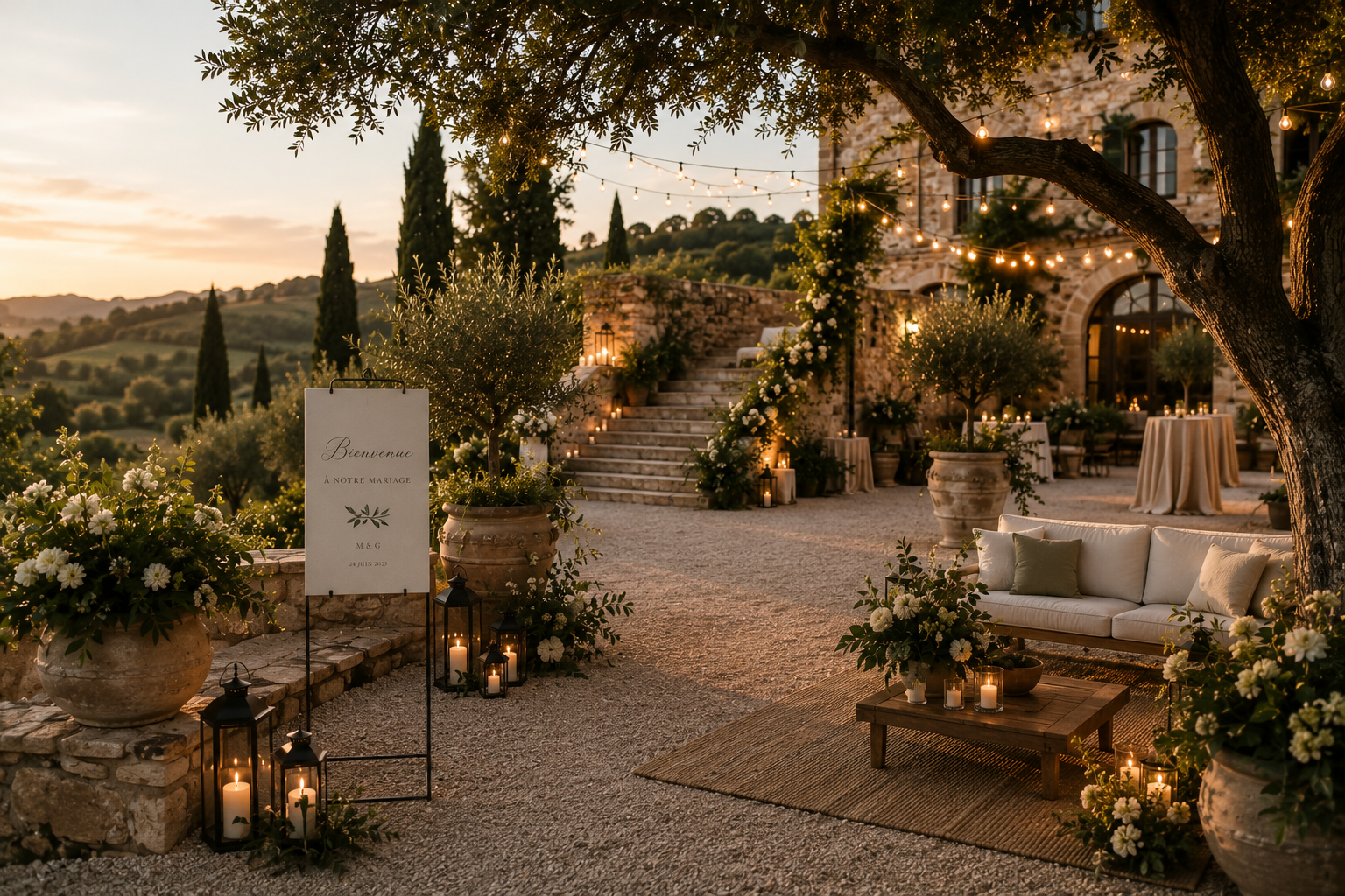 Décor de mariage en plein air avec des lanternes, des fleurs blanches, un canapé et une table, en soirée avec des lumières suspendues et une vue sur la nature.