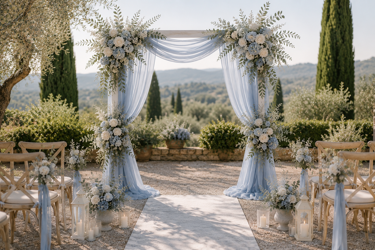 Arche de cérémonie de mariage fleurie avec fleurs blanches et voilages blancs, installée en plein air dans un cadre champêtre avec chaises et bougies.