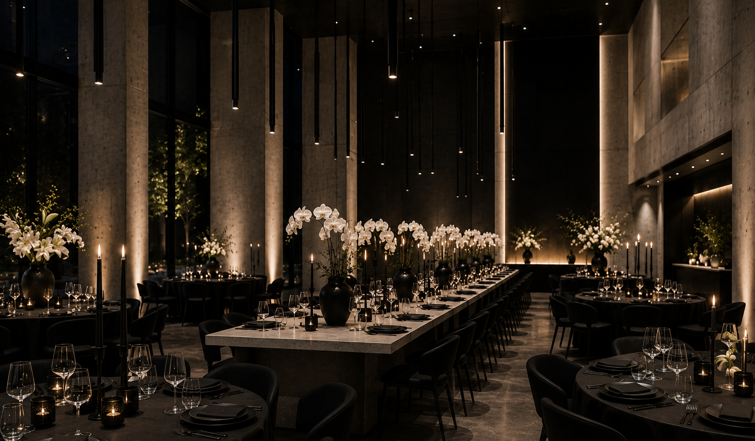 Salle de réception de mariage élégante avec tables décorées de fleurs blanches, bougies et éclairage suspendu.