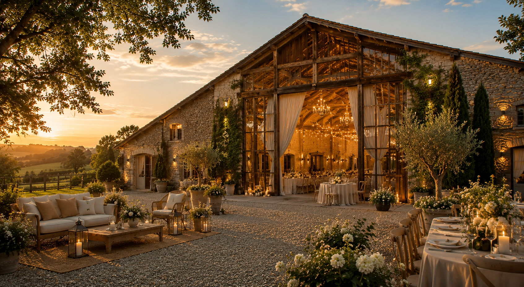 Lieu de mariage en pleine nature dans une ferme en pierre, avec espace extérieur décoré de fleurs et de guirlandes lumineuses, dans une ambiance chaleureuse au coucher du soleil.