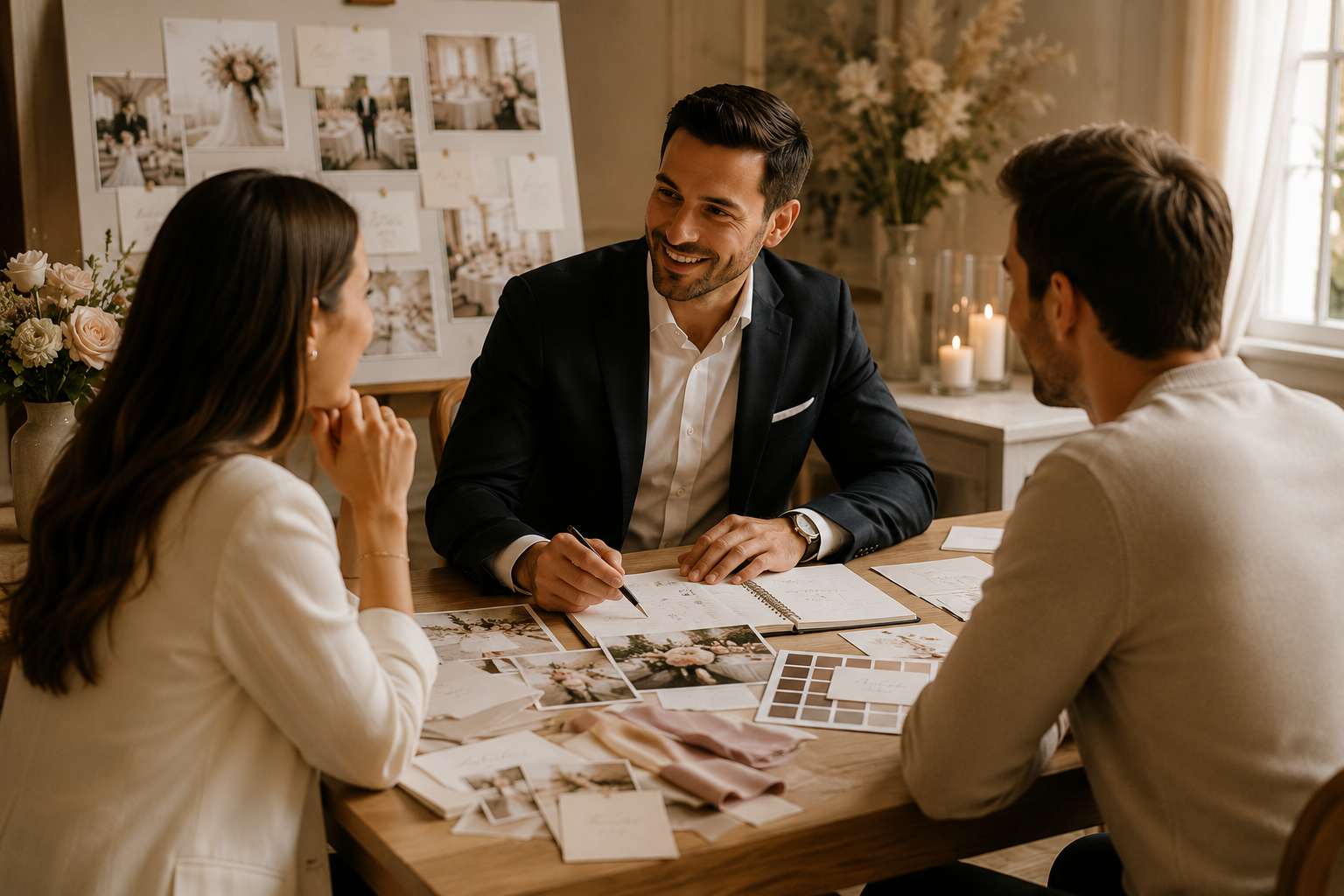 Trois personnes assises autour d'une table, discutant de planification de mariage, avec des photos de décoration, des échantillons de tissu et un tableau d'inspiration en arrière-plan dans une pièce chaleureuse.