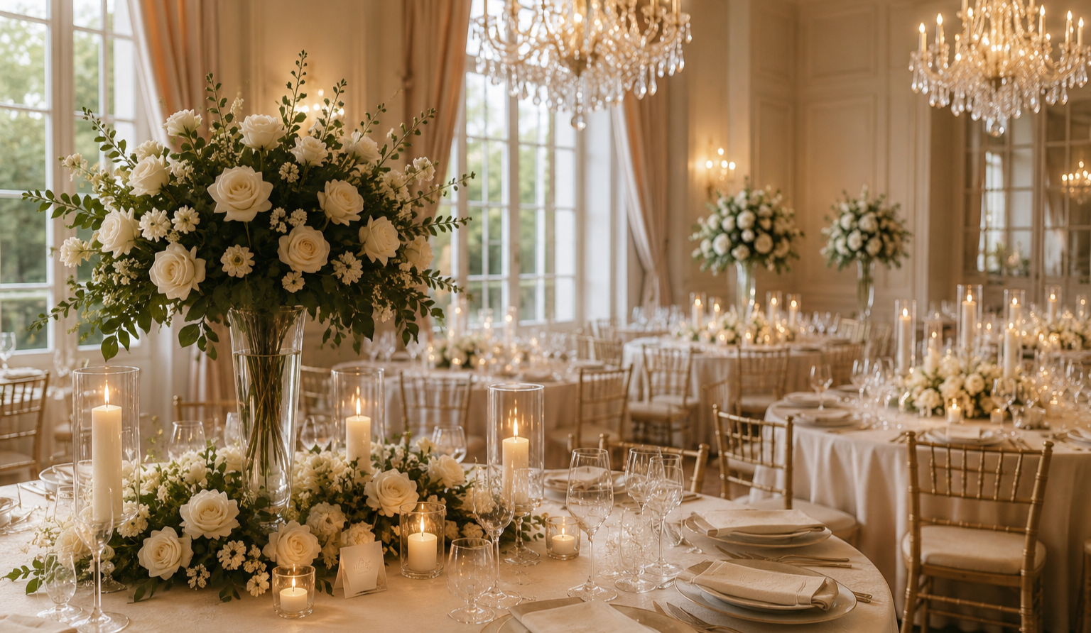 Salle de réception de mariage élégante avec tables rondes, compositions florales, bougies et chandeliers.