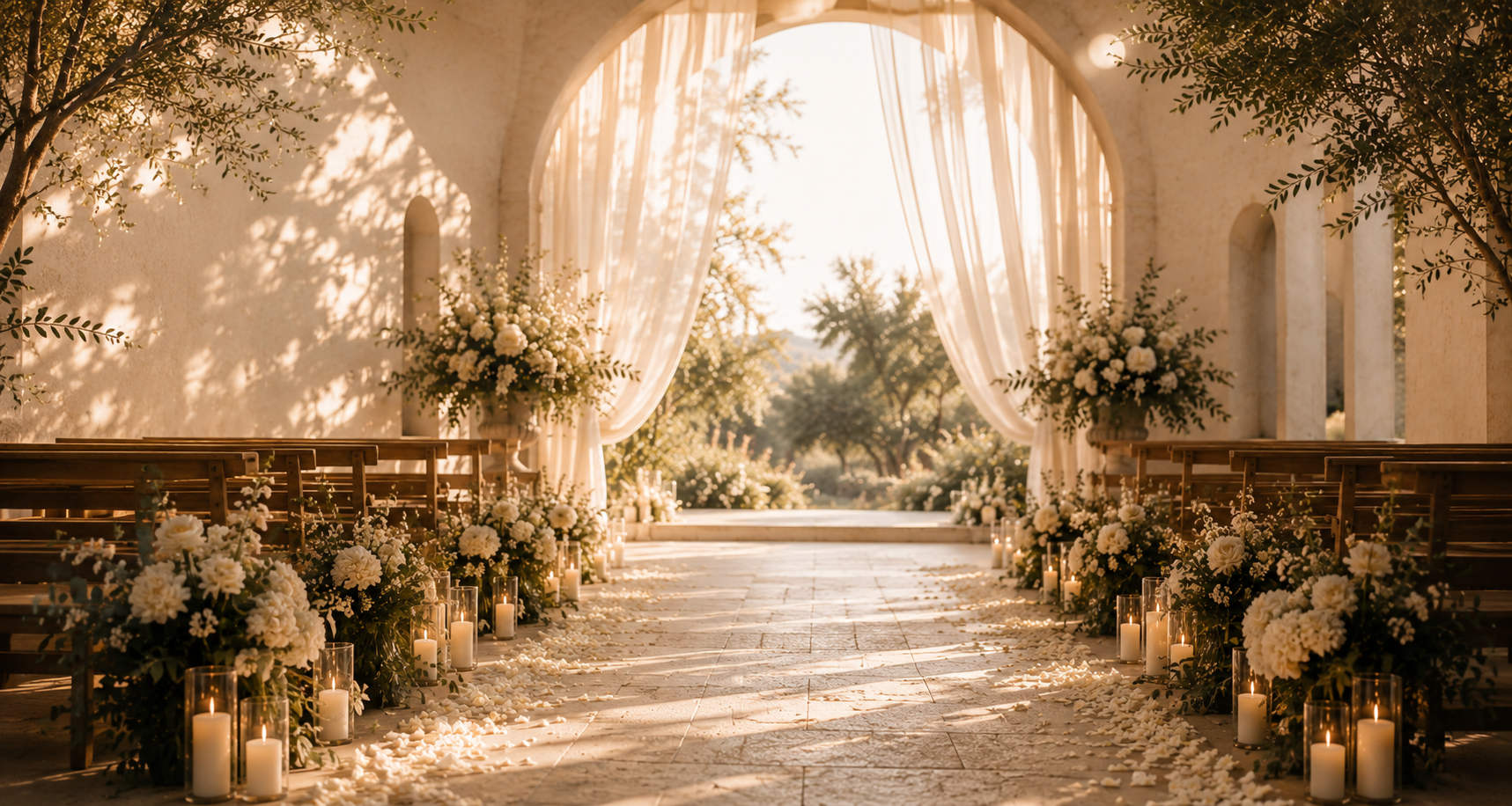Décoration de mariage en extérieur avec rideaux blancs, fleurs blanches et bougies, créant une atmosphère élégante et romantique.
