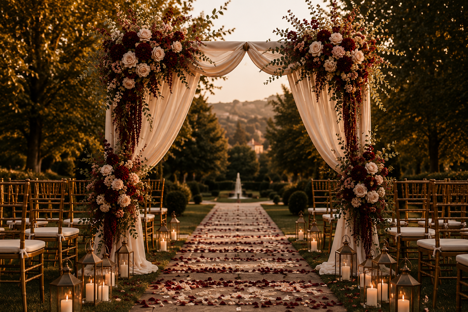 Une décoration de mariage en plein air avec un arc fleuri, des chaises en bois doré, des bougies dans des lanternes, un chemin parsemé de pétales, et un fontaine au fond, à l'heure du coucher de soleil.