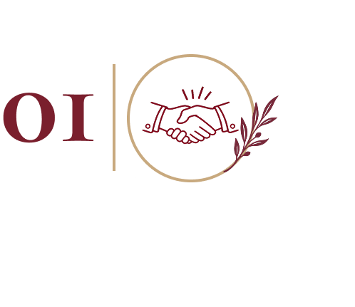 Logo avec le texte 'OUI' en rouge, séparation verticale, un cercle avec une poignée de main stylisée entourée de lignes et une branche d'olivier à côté, sur fond noir.