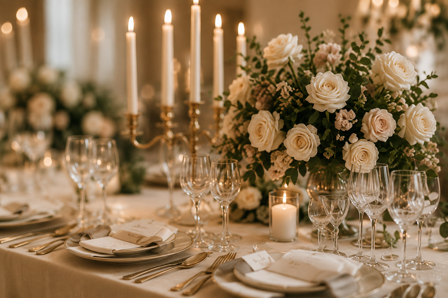 Table de mariage élégante décorée de fleurs blanches et de bougies.