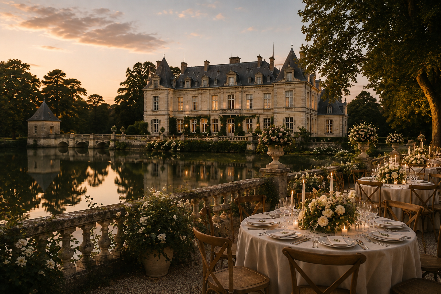 Dîner de mariage en plein air devant un château, avec table élégante décorée de fleurs blanches, bougies et vaisselle raffinée, dans un cadre romantique au coucher du soleil.