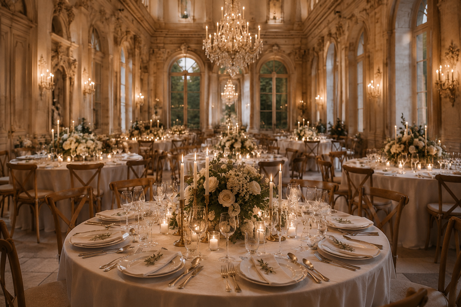 Salle de réception de mariage élégante avec grandes fenêtres, chandelier en cristal, tables rondes décorées de fleurs blanches et bougies, dans une ambiance raffinée et chaleureuse.