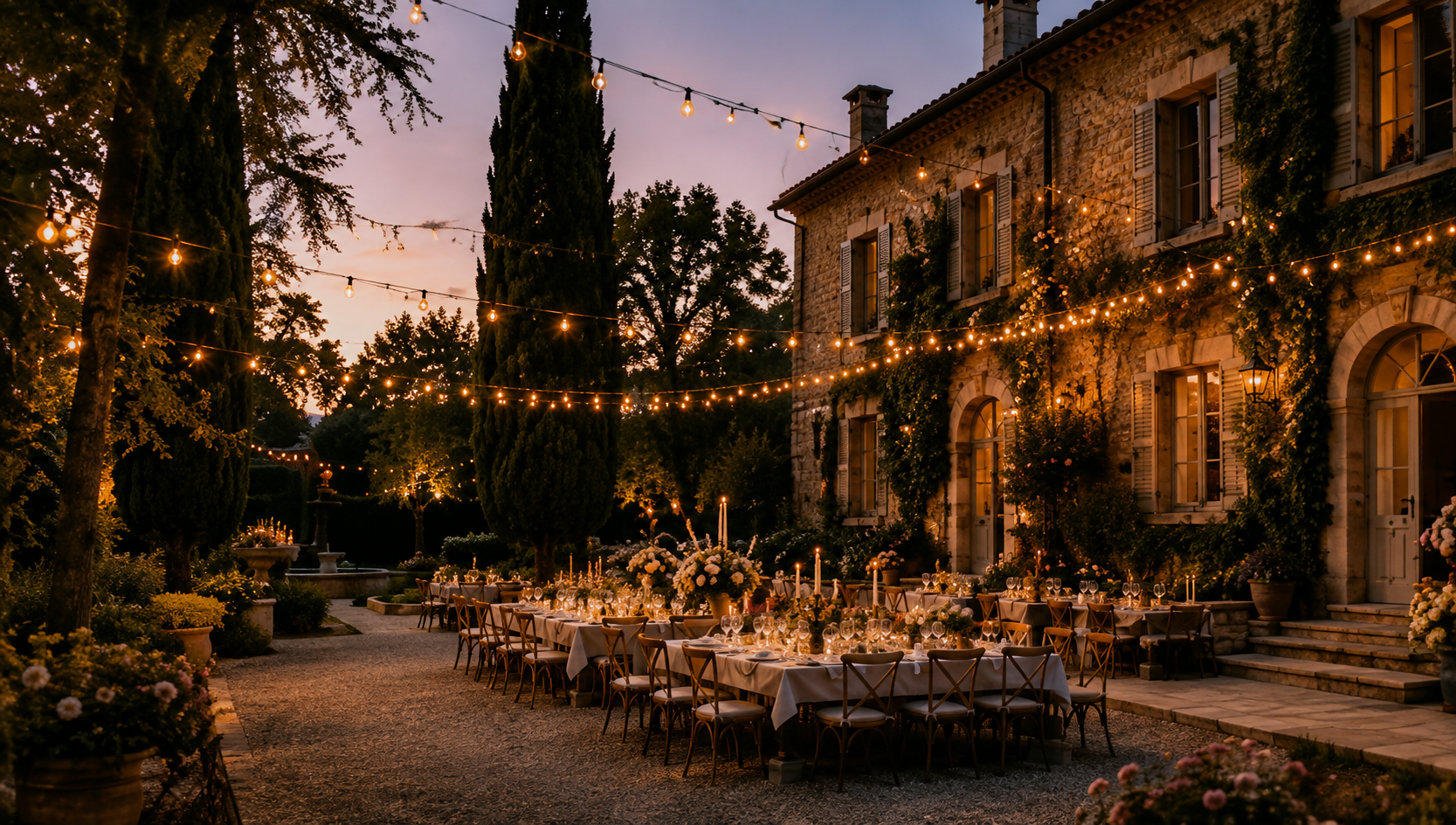Table de mariage en plein air avec nappes blanches, fleurs et bougies, installée devant une maison en pierre dans un cadre chaleureux et élégant, avec guirlandes lumineuses.