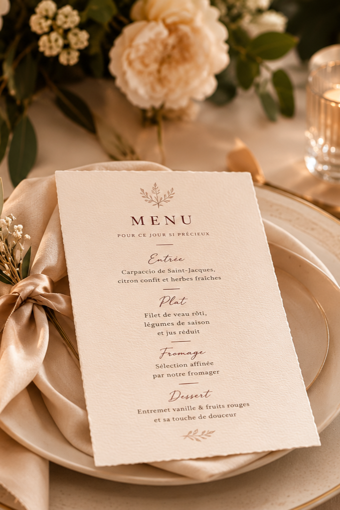 Menu de mariage présenté sur une assiette, entouré de fleurs et de bougies, dans une décoration de table élégante et romantique.