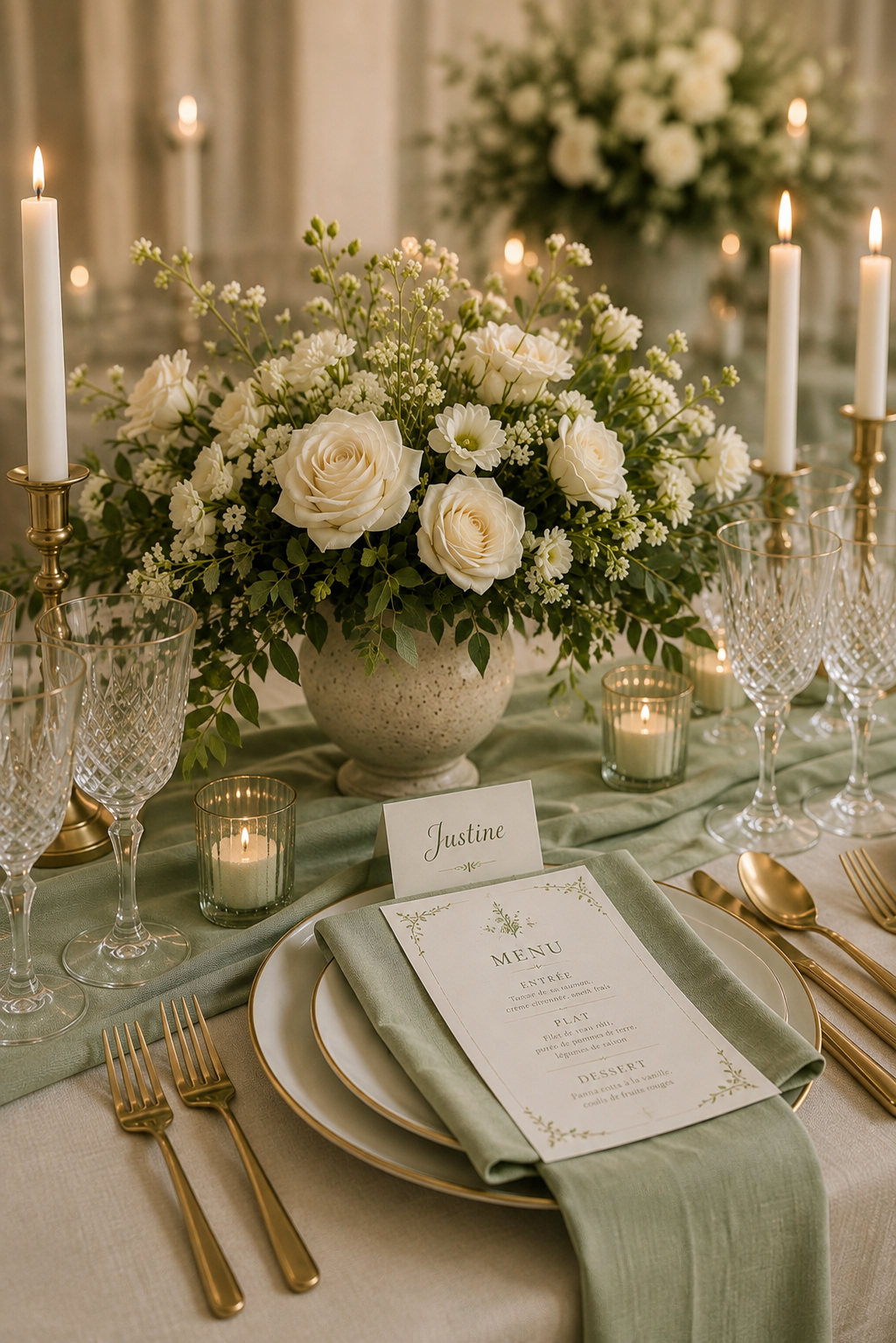 Table de mariage élégante avec bouquet de fleurs blanches, bougies, vaisselle en porcelaine, verres en cristal et détails dorés.