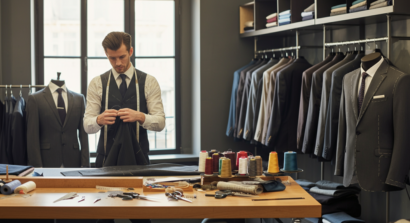 A tailor working in a clothing store, surrounded by suits and sewing supplies.