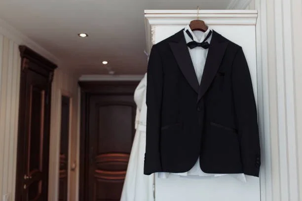 A black tuxedo jacket with a white shirt and black bow tie hanging on a white cabinet door in a hallway.