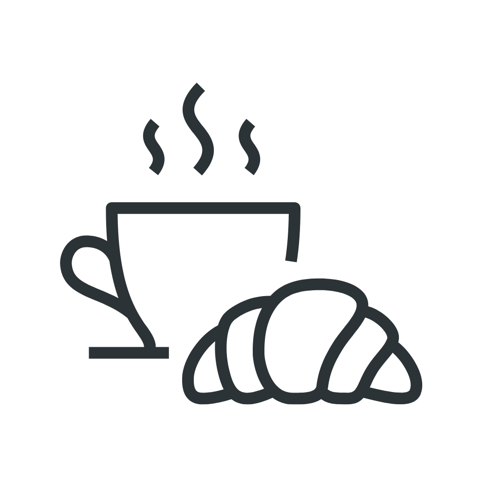 Line drawing of a coffee cup with steam and a croissant.