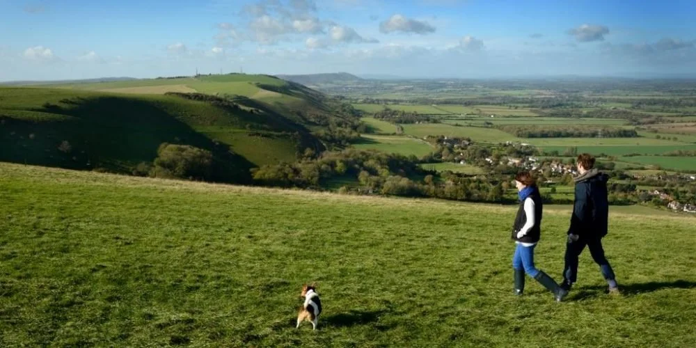 Two people walking on a grassy hillside with a dog, overlooking a patchwork of fields and distant hills.