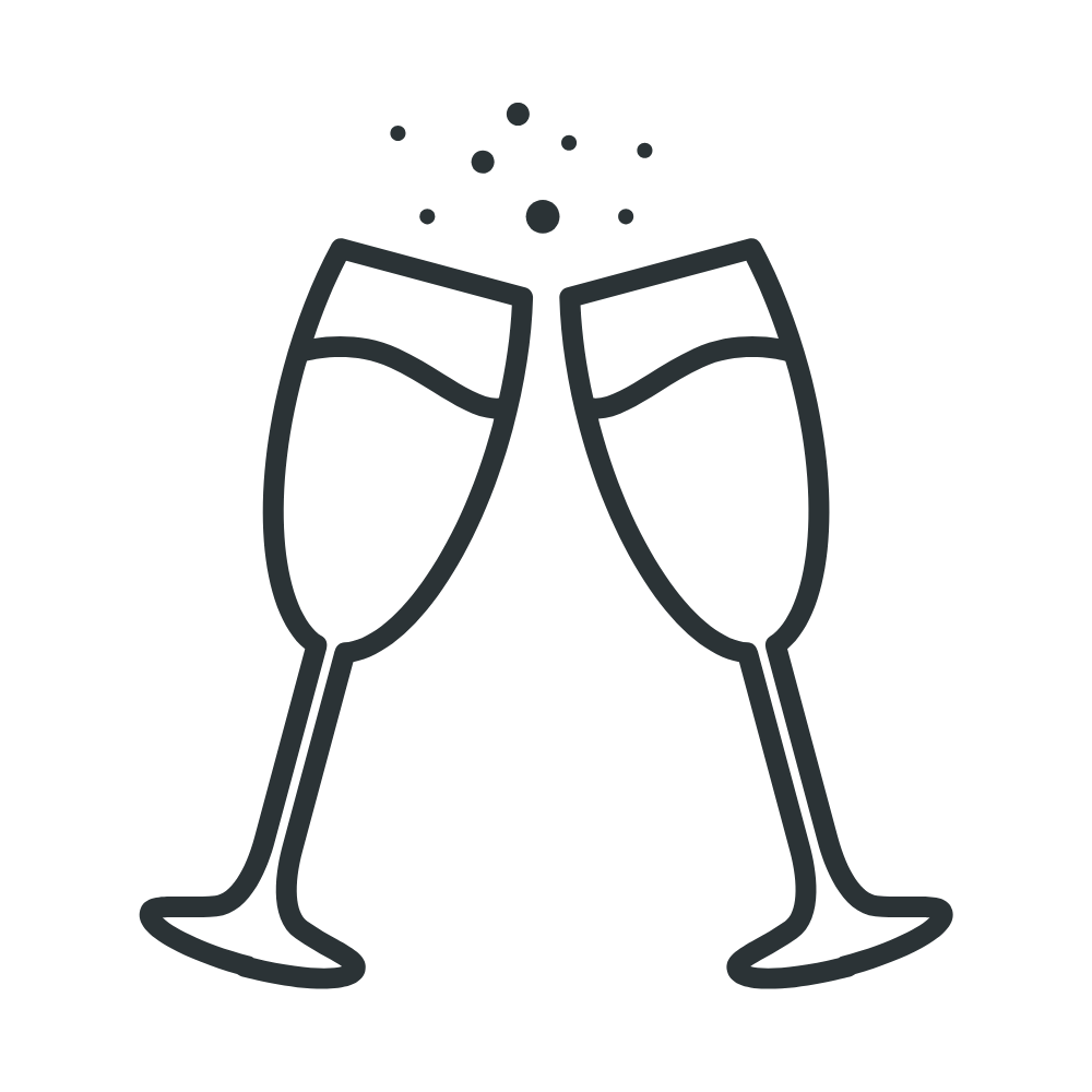 Line drawing of two champagne glasses clinking together, with bubbles above them, indicating celebration.