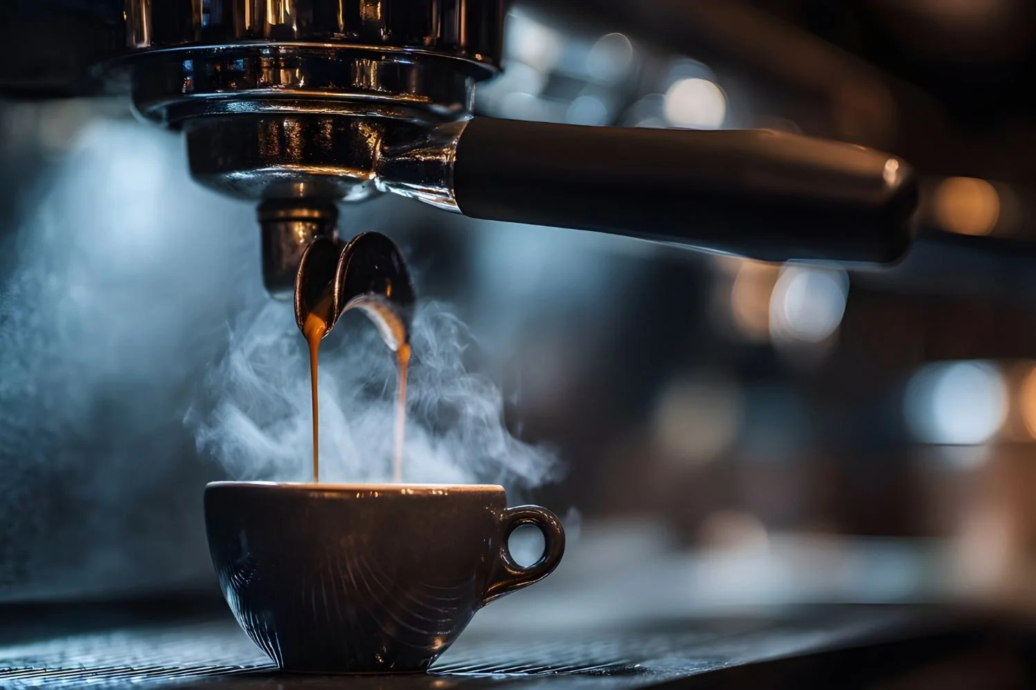 Coffee espresso being brewed from espresso machine spout into a small cup, with steam rising.