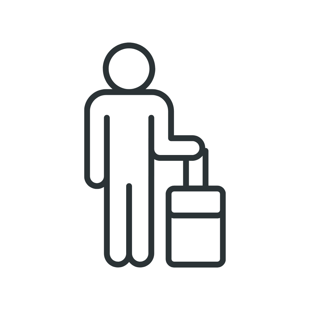 Simple line drawing of a person standing next to a suitcase with a handle.