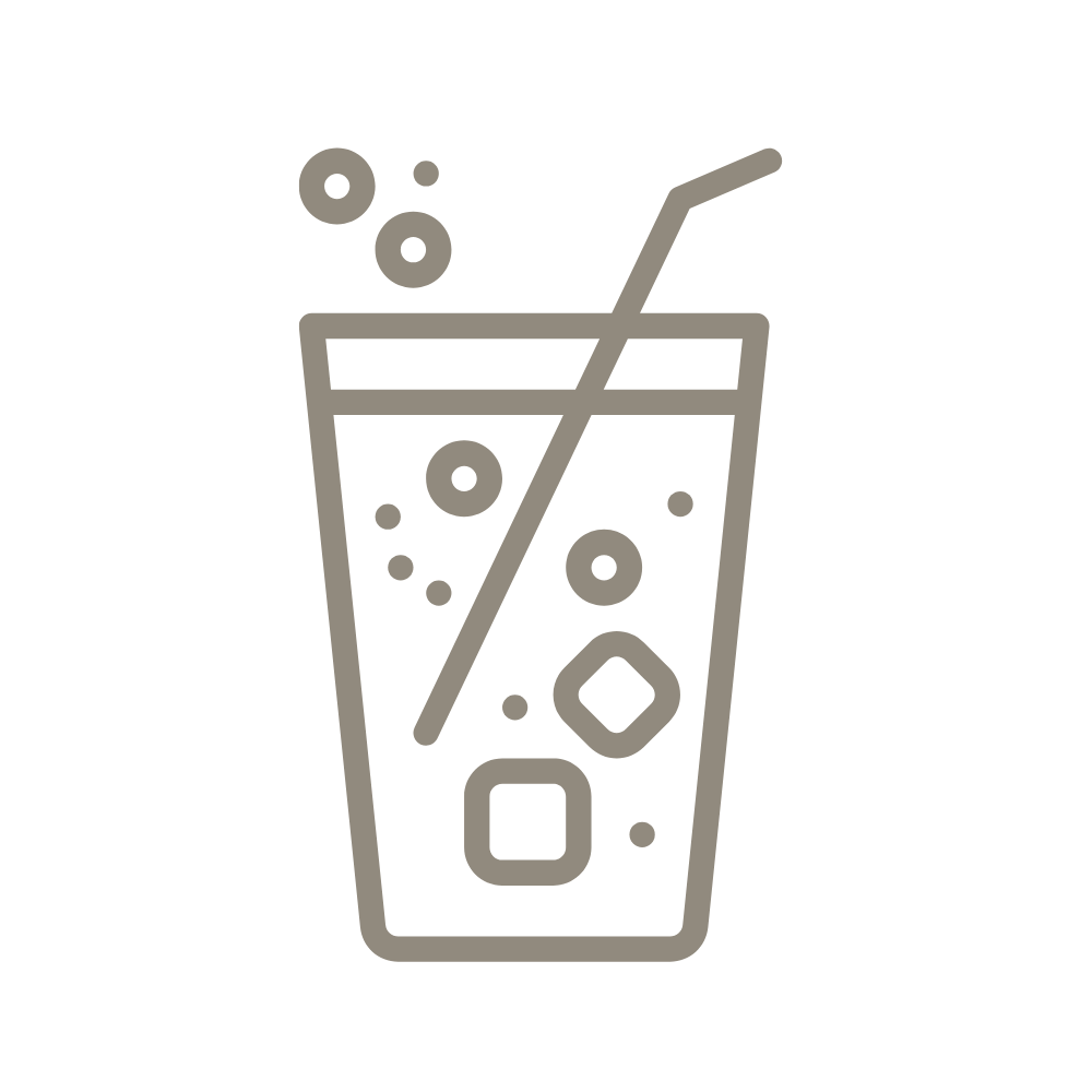 Line drawing of a glass of soda with ice cubes and a straw.